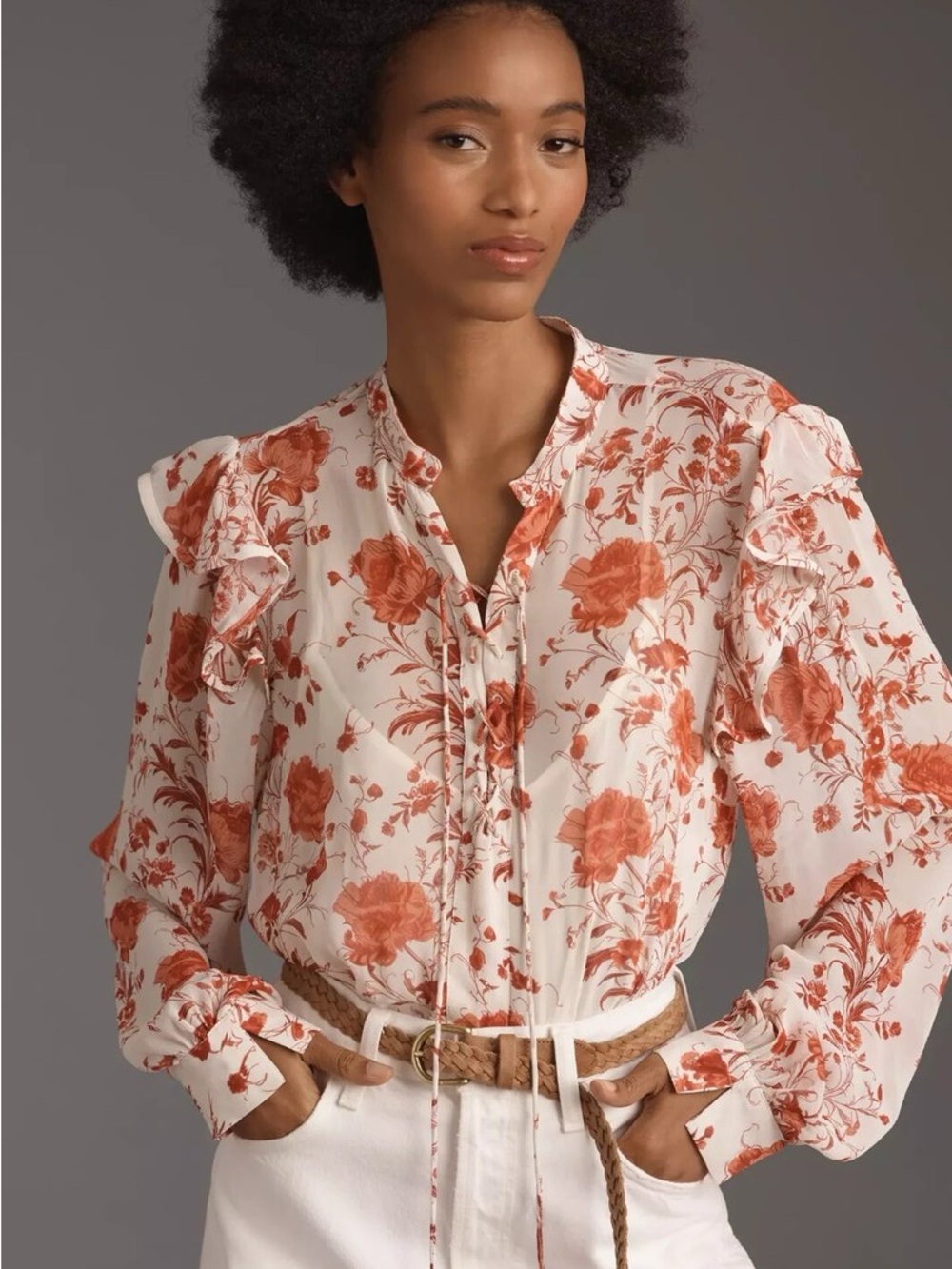 Anthropologie Maeve Cream Blouse with Rust Floral Print
